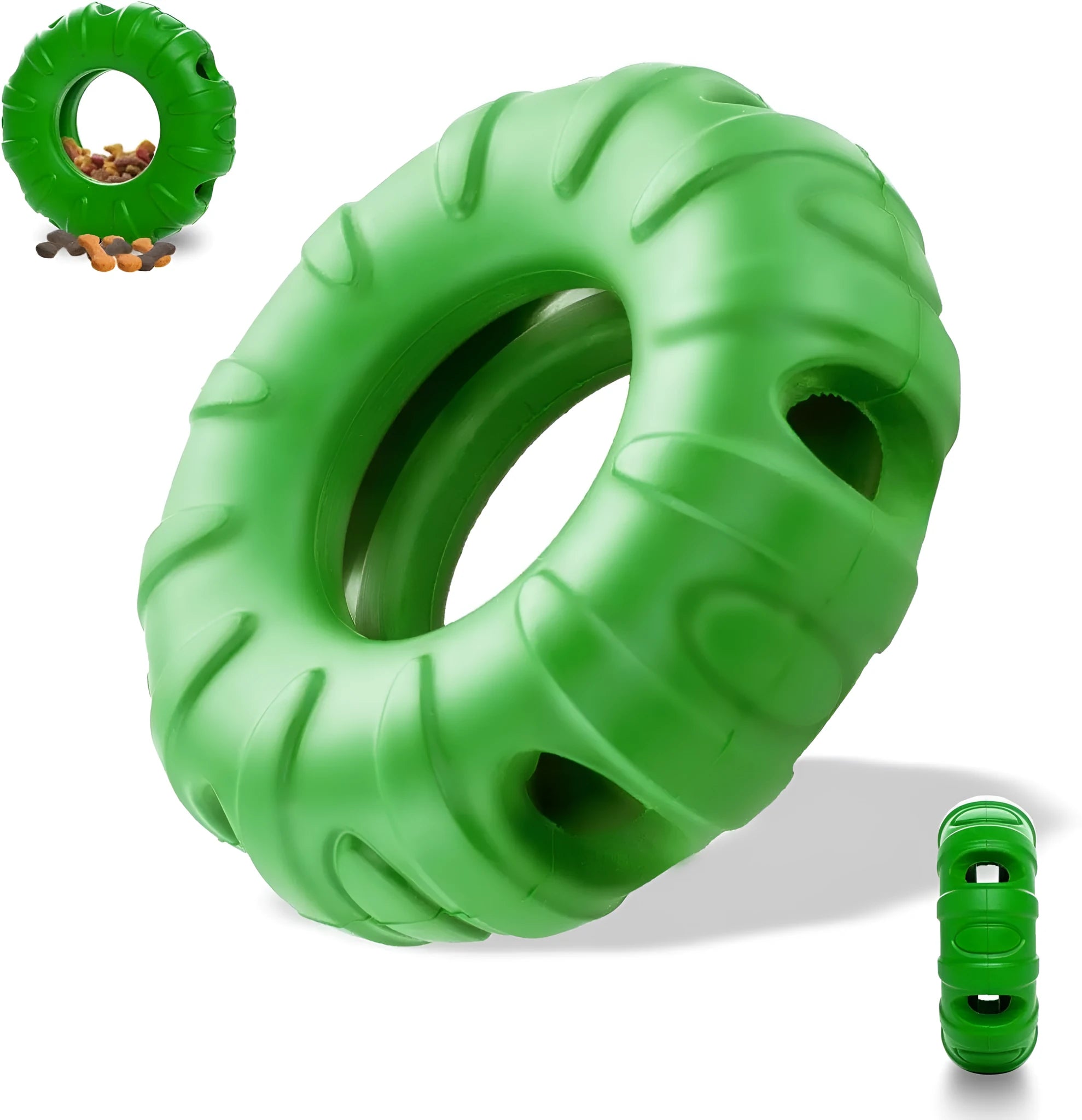 Blue natural rubber tyre-shaped dog chew toy with treat openings for slow feeding
