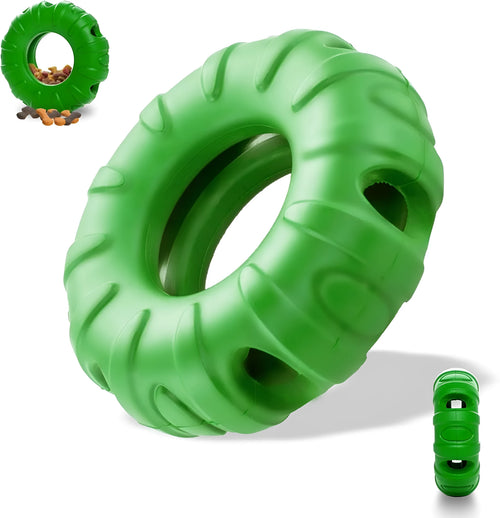 Blue natural rubber tyre-shaped dog chew toy with treat openings for slow feeding