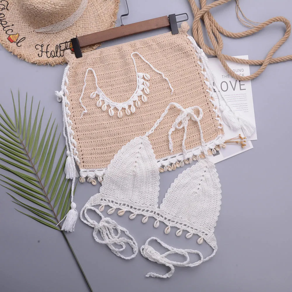 Women's handmade cotton blend split swimsuit set with lace-up detail in apricot colour