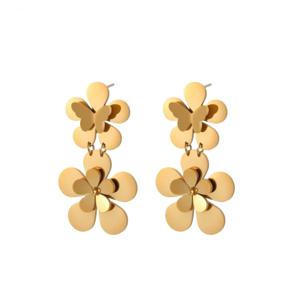 Gold electroplated stainless steel earrings with flower and butterfly designs for women