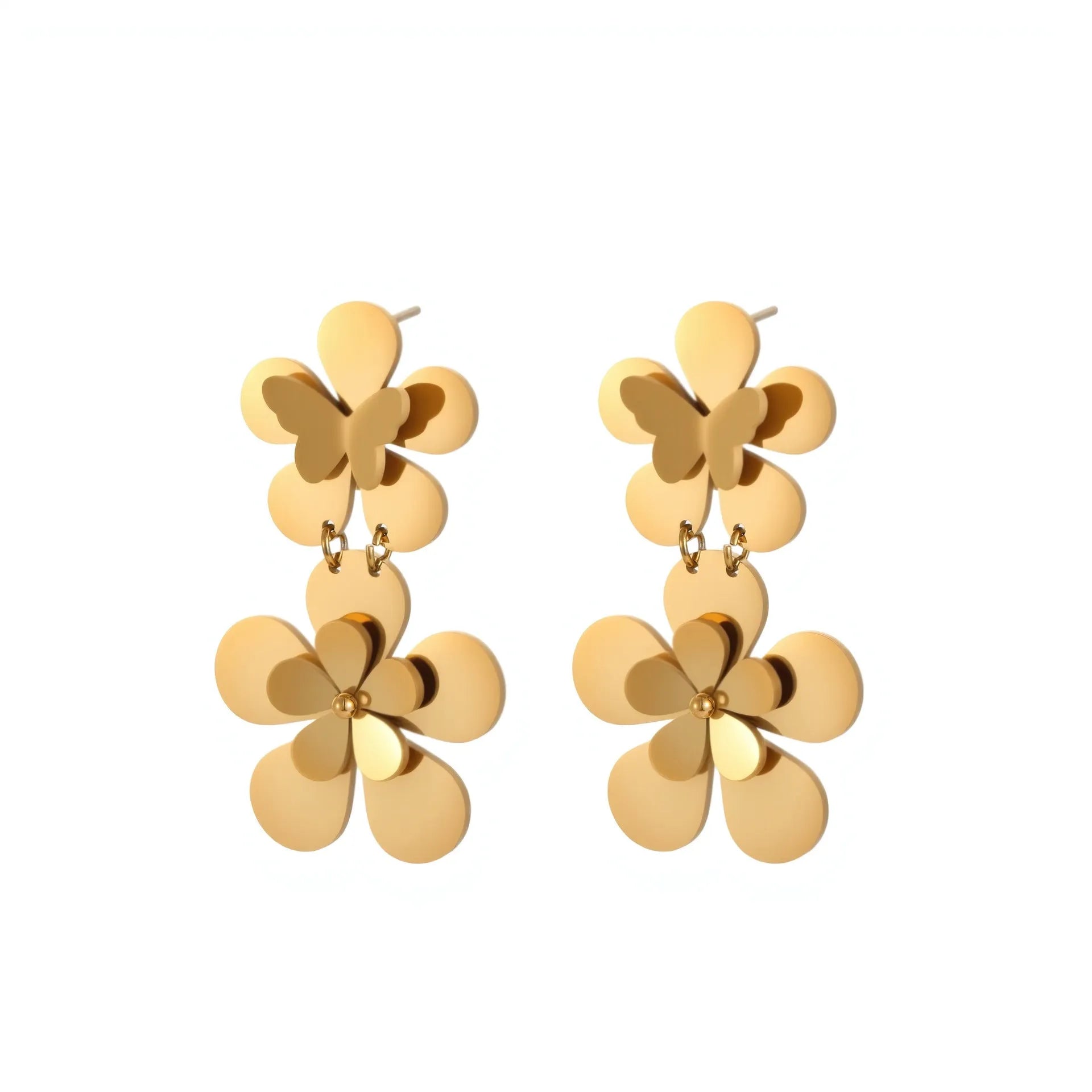 Gold electroplated stainless steel earrings with flower and butterfly designs for women