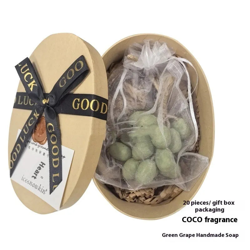 Handmade grape and litchi cleansing soap bars, 120g each, in gift box and mesh bag bulk packaging.
