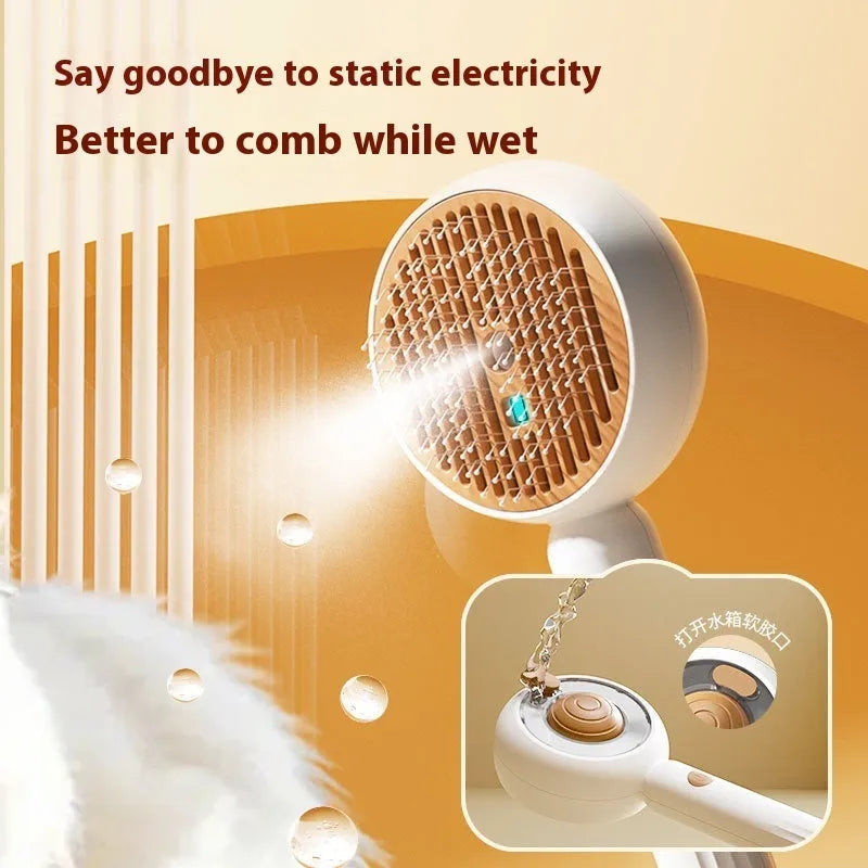 Grey and brown pet spray comb with stainless steel teeth and one-click mechanism on white background