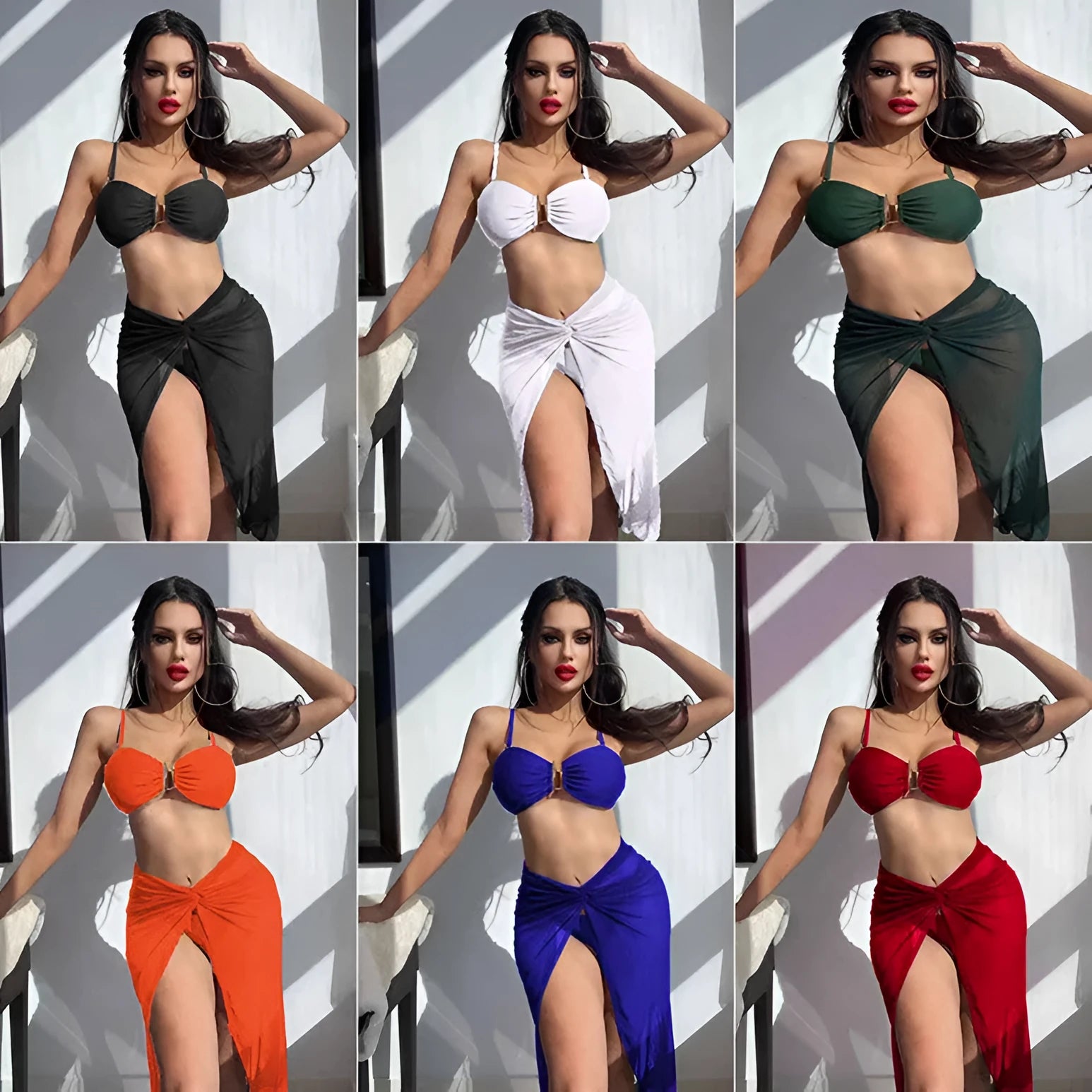 Women's solid colour three-piece bikini set with long culottes skirt, bra, and panties