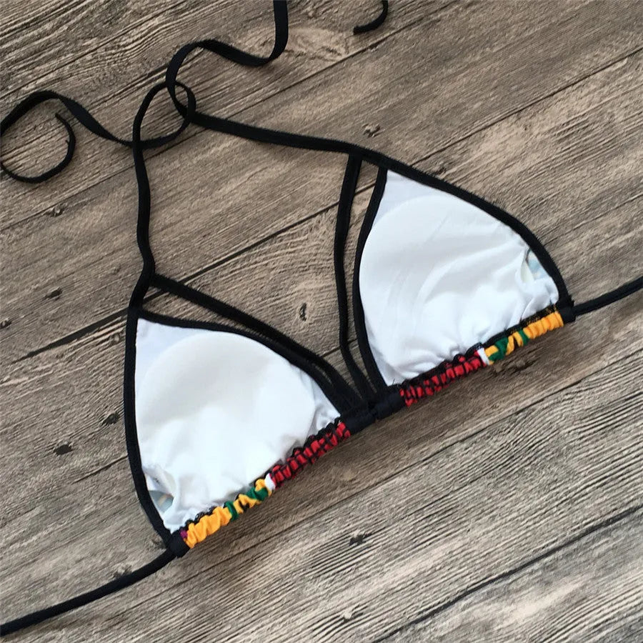 Women's digital print high-waist bikini swimsuit with backless design and quick-dry polyester fabric