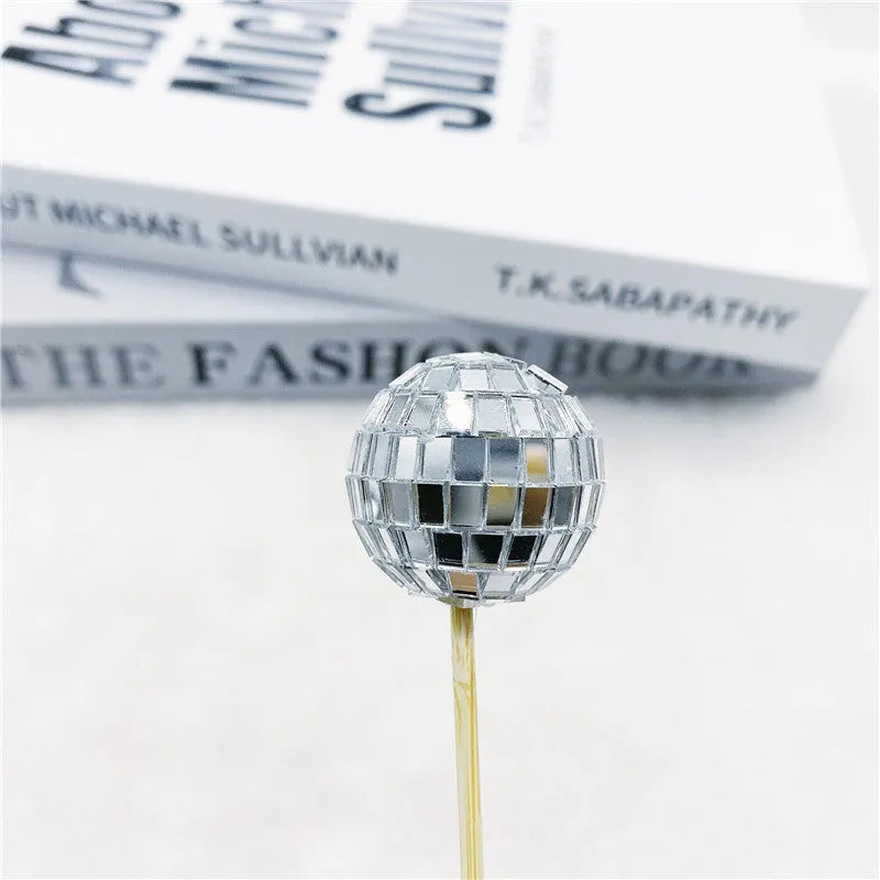 Glass disco ball cake decoration with wooden stick in various sizes from 2.5cm to 5cm
