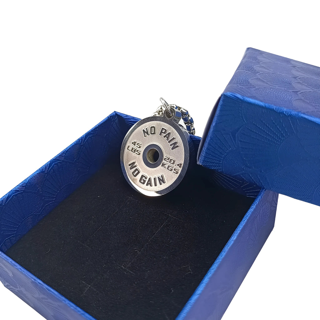 Stainless steel barbell disk pendant necklace on 60cm chain with geometric weightlifting design