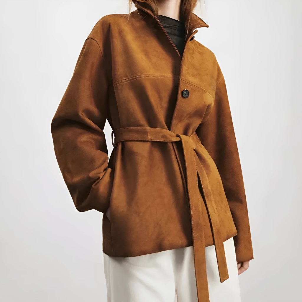 Yellow brown retro-style women's cashmere coat with Peter Pan collar and leather stitch detailing