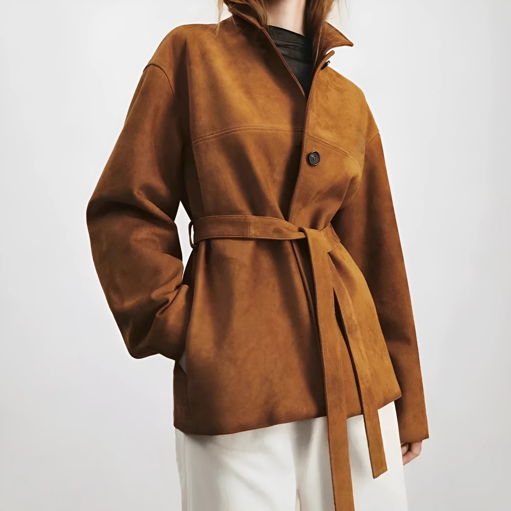 Yellow brown retro-style women's cashmere coat with Peter Pan collar and leather stitch detailing