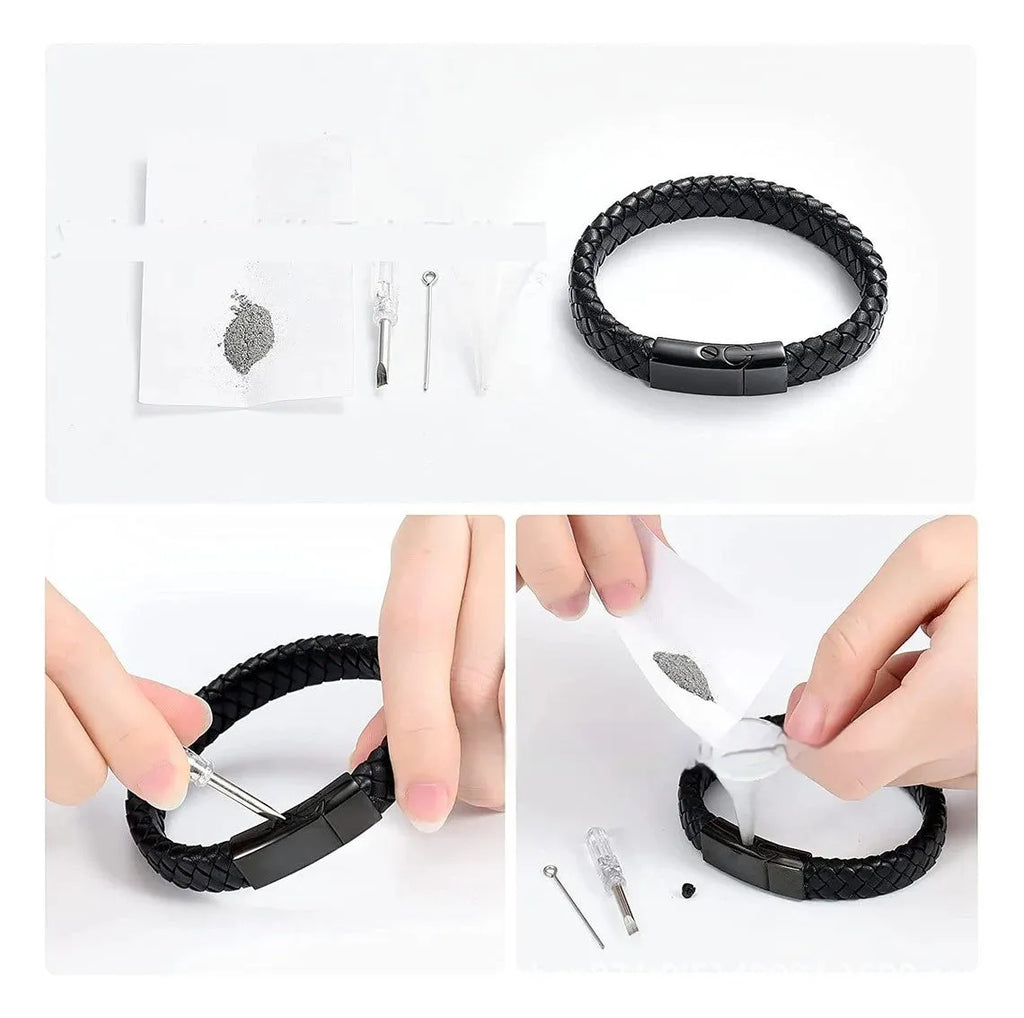 Black leather and stainless steel casket memorial bracelet with engraving