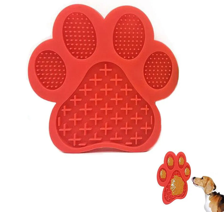 Blue silicone dog licking mat with bone texture and suction cups on a white background.