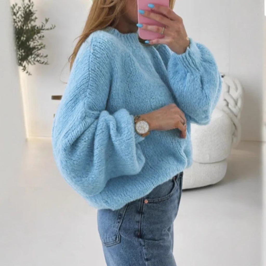 Blue round neck loose fit long sleeve pullover sweater for women
