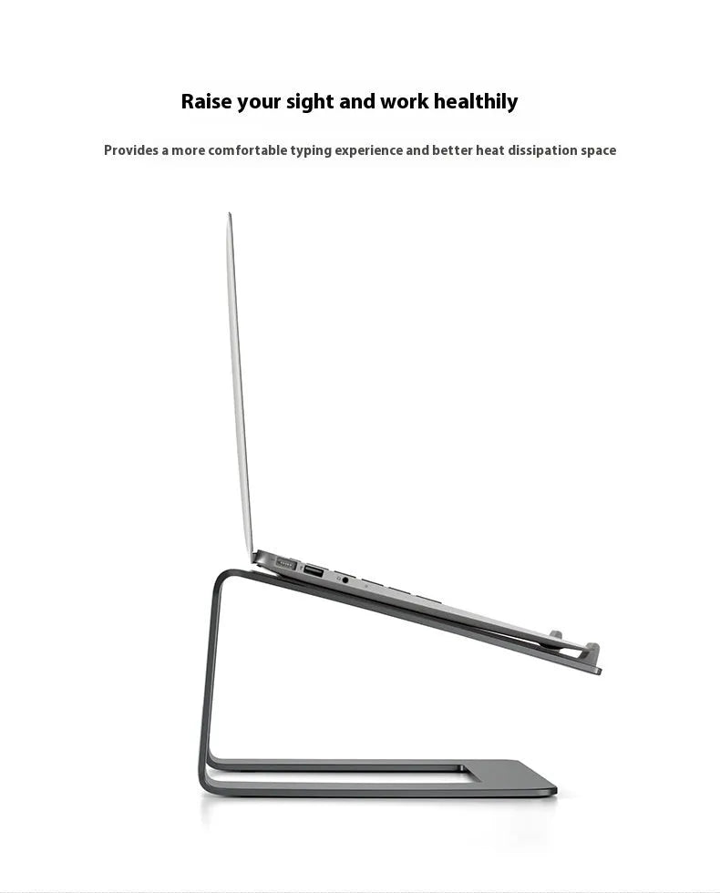 Black aluminium laptop stand on desk supporting silver laptop at improved viewing height
