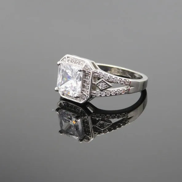 Women's geometric hollow zircon ring with platinum colour finish and quadrilateral design
