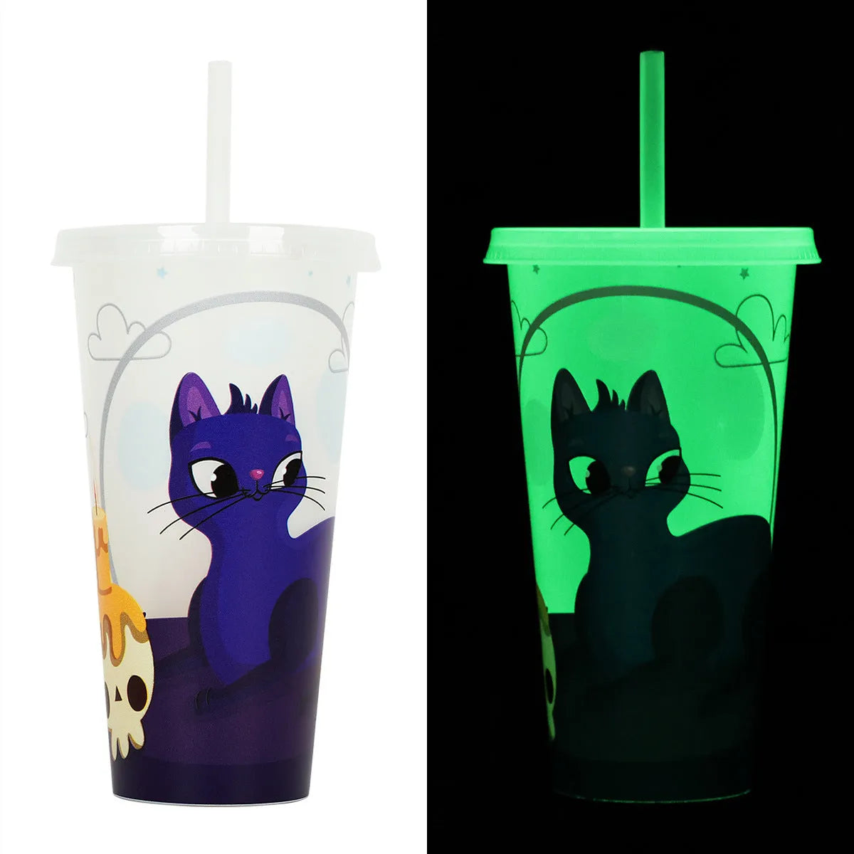 720ml plastic Halloween sippy cup with luminous straw showing cylindrical shape and six colour options