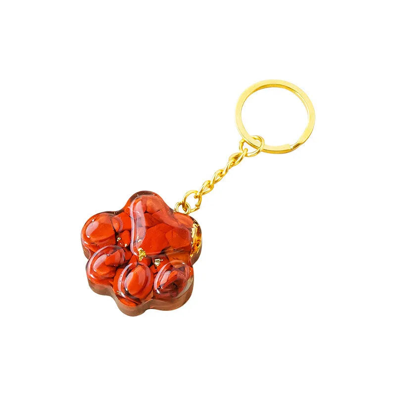 Natural crystal cat's paw keychain with small pendant and gemstone beads