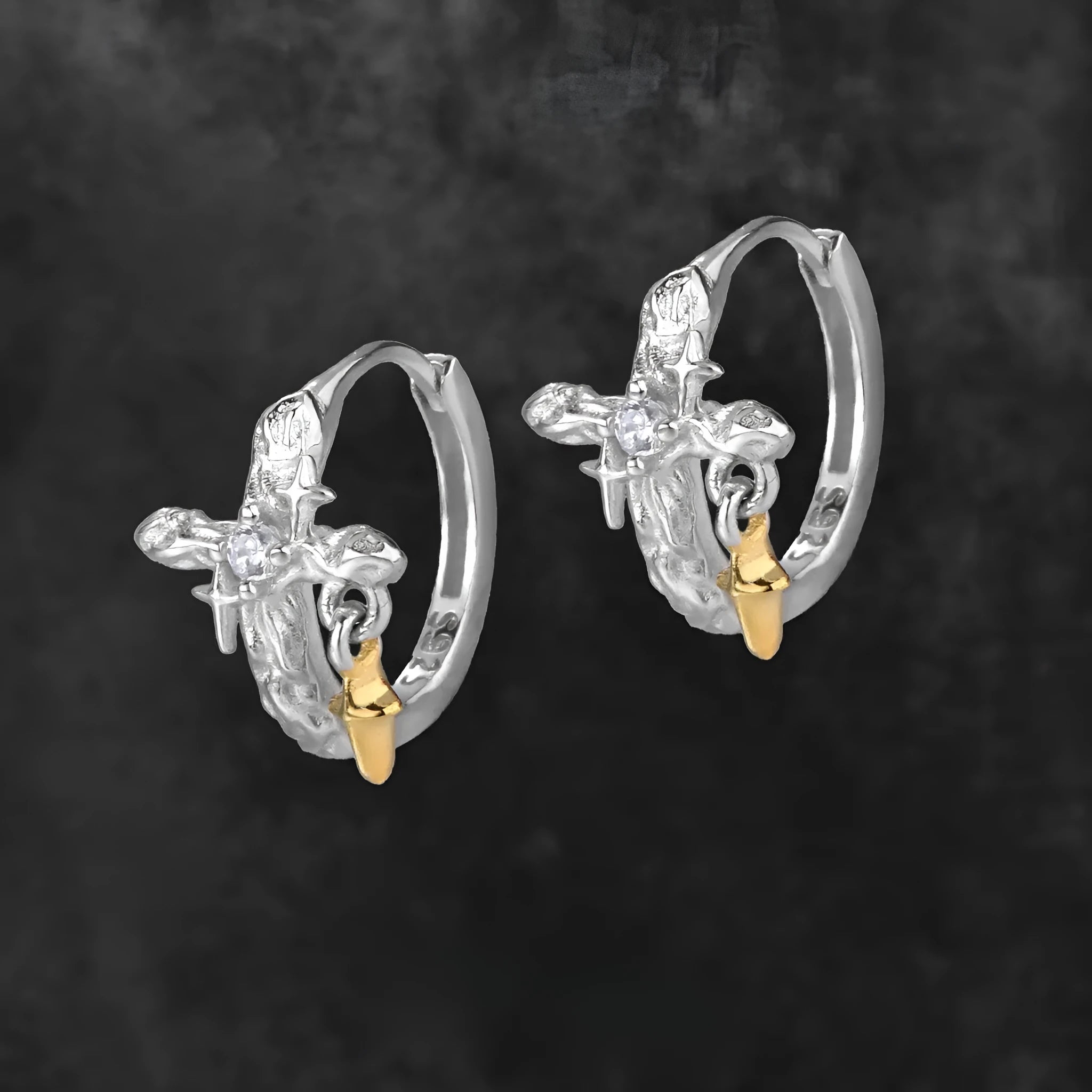925 sterling silver geometric cross earrings with circular elements in white gold colour finish