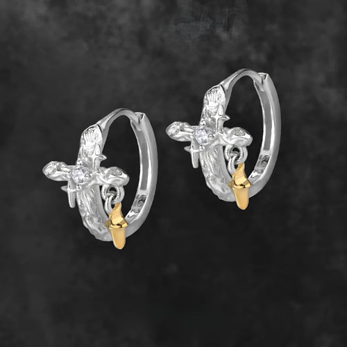 925 sterling silver geometric cross earrings with circular elements in white gold colour finish