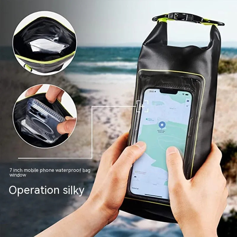 Army Green PVC waterproof crossbody bag with strap, shown in 2L and 5L sizes for swimming and beach use.
