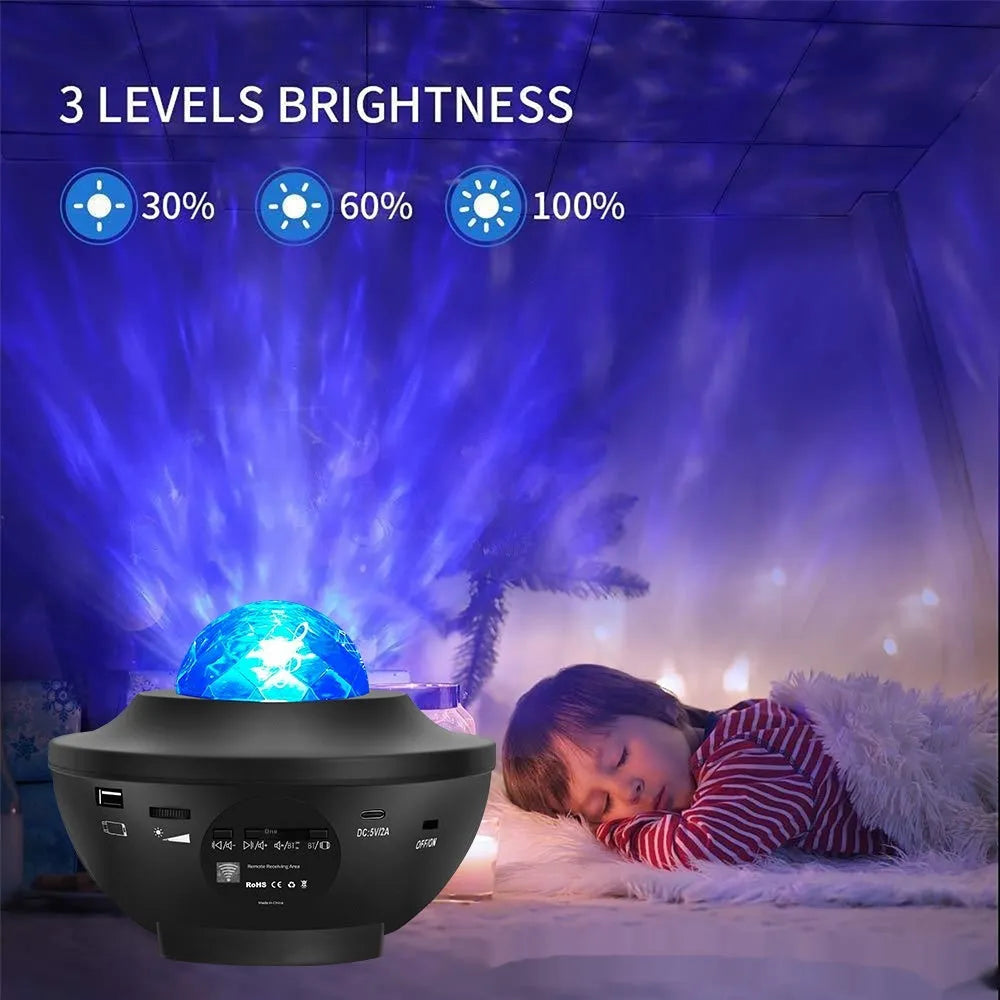 Black starry sky projection lamp on a desk showing water ripple and laser light effects on the ceiling.