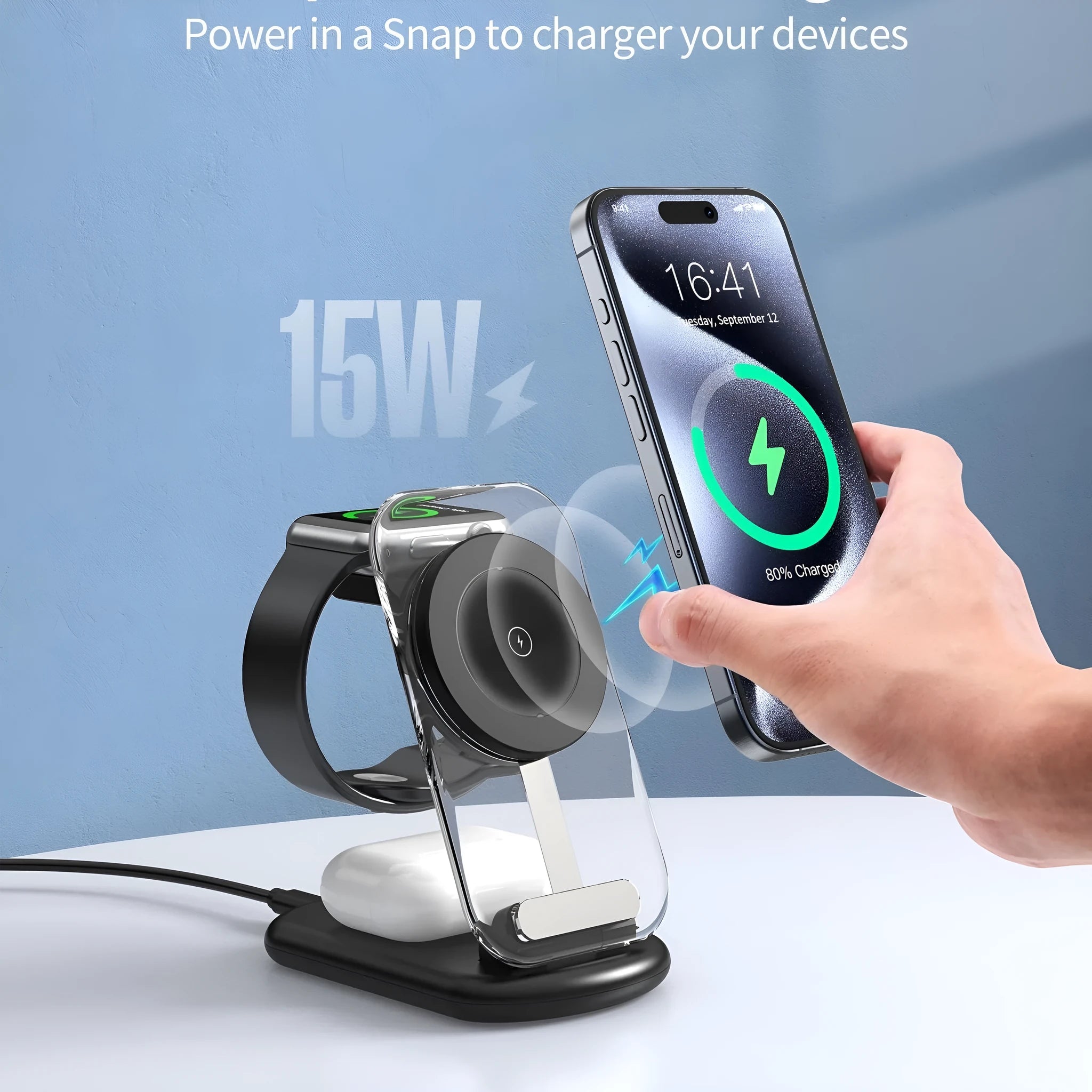 Transparent folding magnetic wireless charger showing black and white colour options with three-device charging capacity