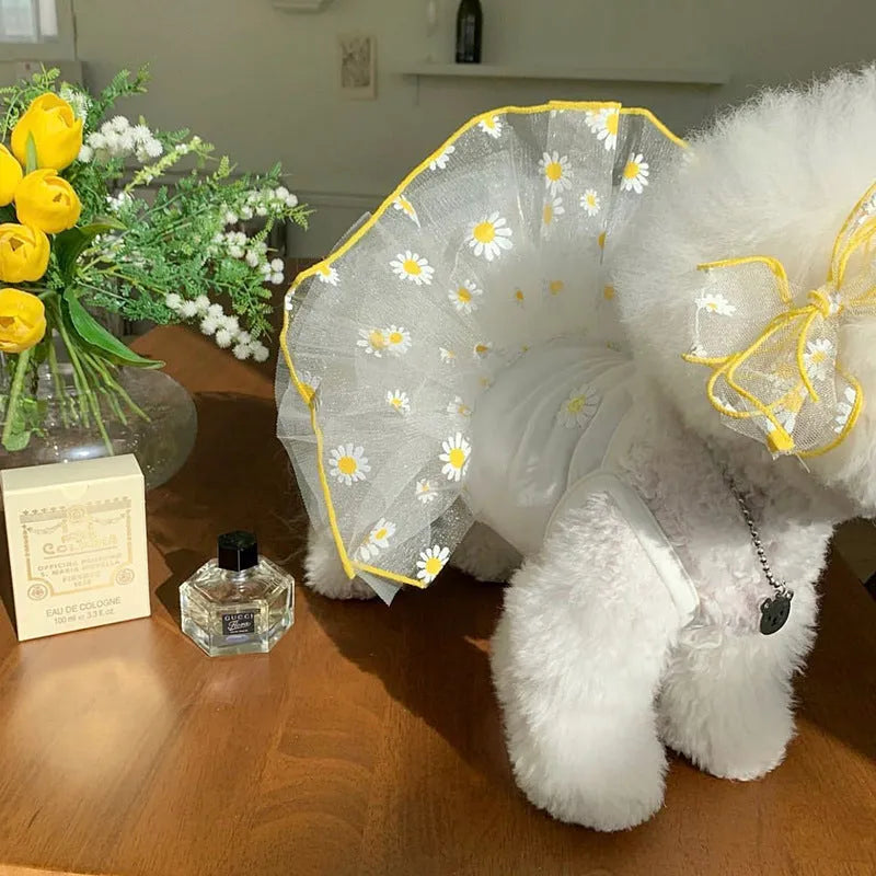 Yellow little daisy pattern thin polyester dog clothes for summer wear in XS S M L XL sizes