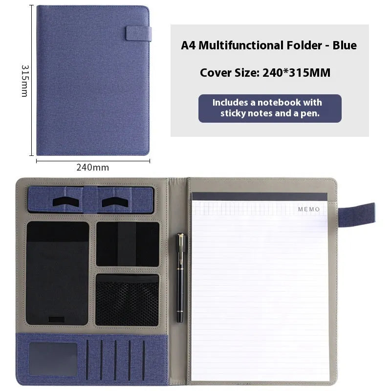 Black leather A4 business folder open to show document sleeve, pen loop, and notepad holder.