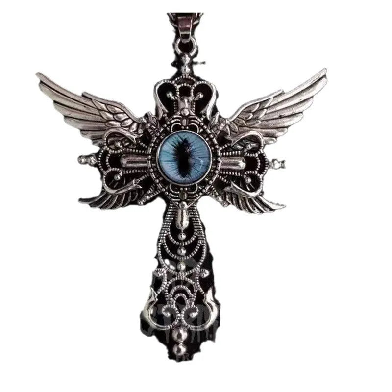 Geometric devil wings cross pendant necklace in alloy with blue, green, purple, red and yellow colour options