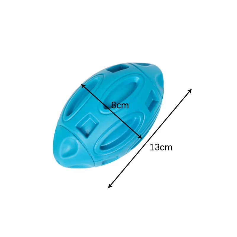 Blue, green, and orange rubber squeaky dog chew ball with grooved surface for medium and large breeds.