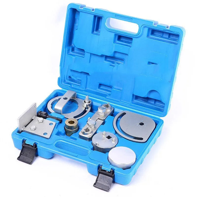 Volvo T6 3.0 3.2 engine timing tool kit with eight carbon steel alignment tools on a workbench.