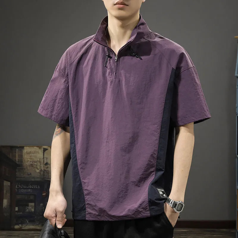 Men's brown Ice Silk business shirt with half-zip stand collar and short sleeves