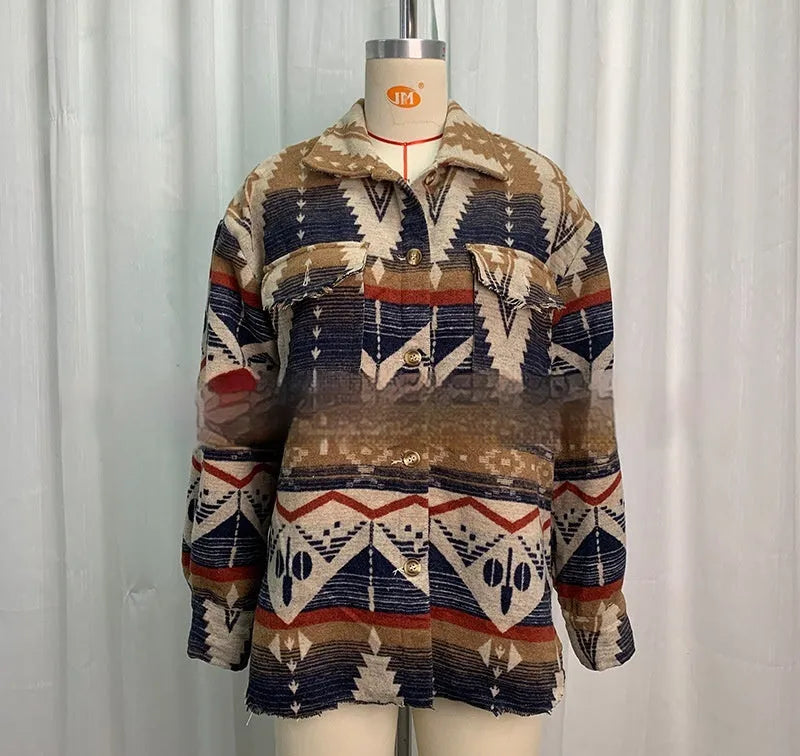 Women's loose-fit aztec print retro coat in army green, made from wool blend fabric.