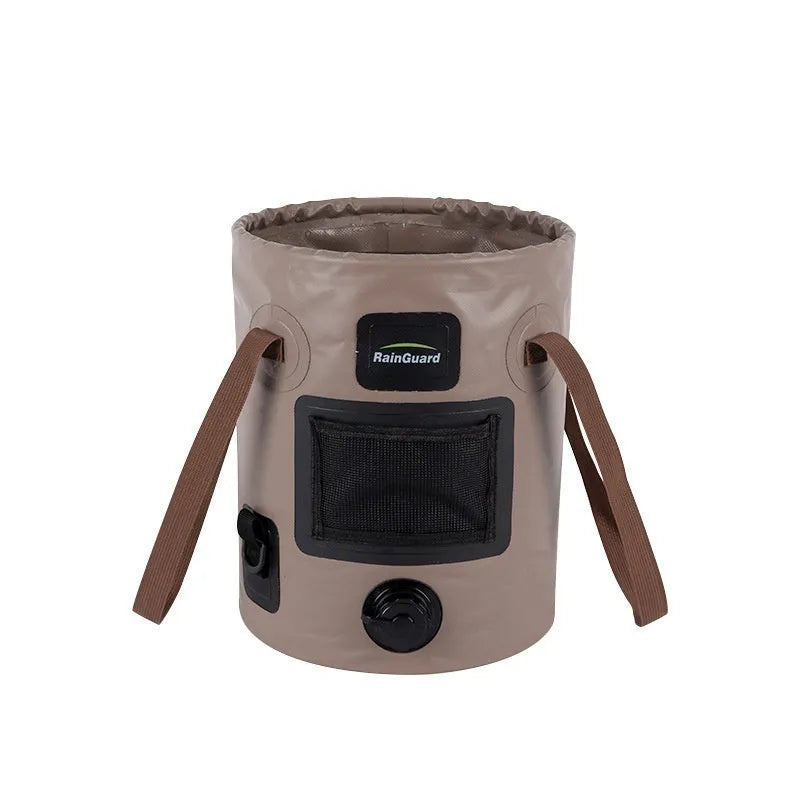 Outdoor portable folding fishing bucket in lemon yellow colour showing 25L capacity and foldable design
