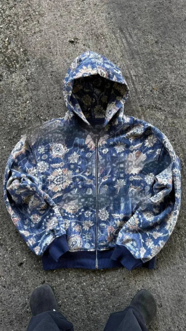 Red or blue digital print men's hooded zip coat with loose fit design and long sleeves