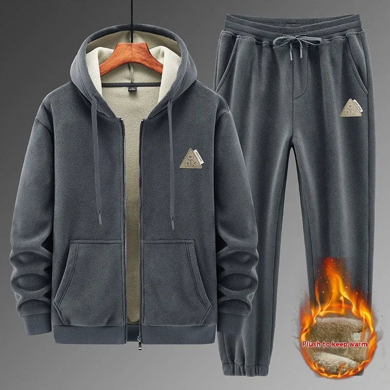 Men's grey hooded cashmere sweater and cotton pants sportswear suit laid flat