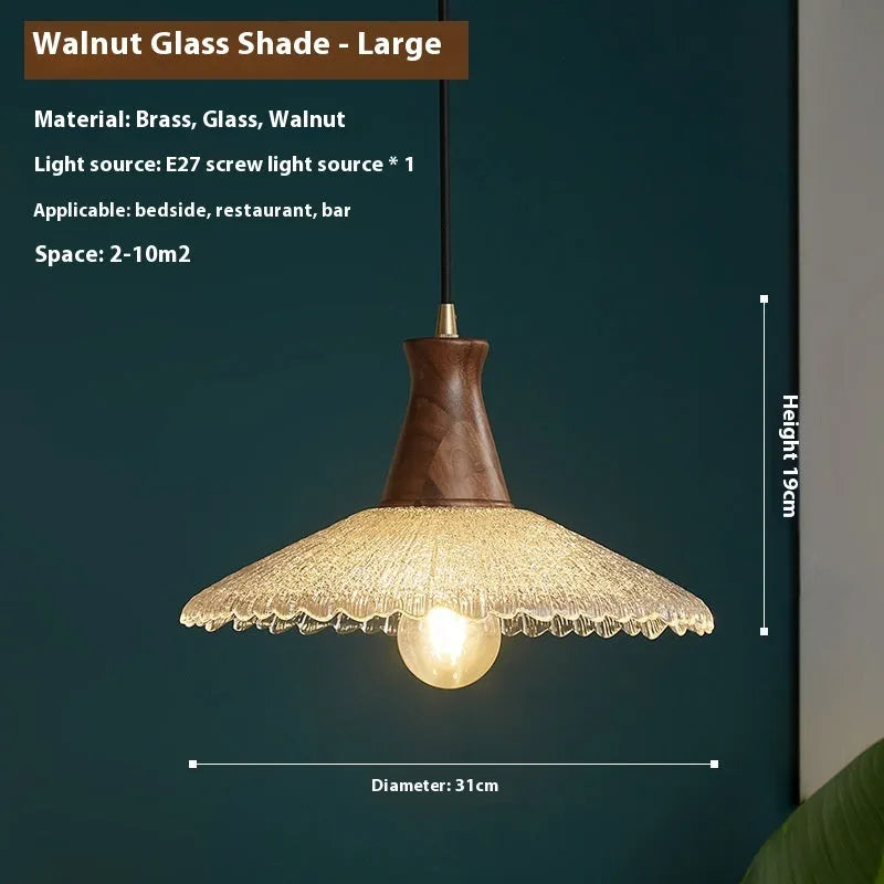 Retro-style brass and glass chandelier with wood body for ceiling mounting in restaurants.