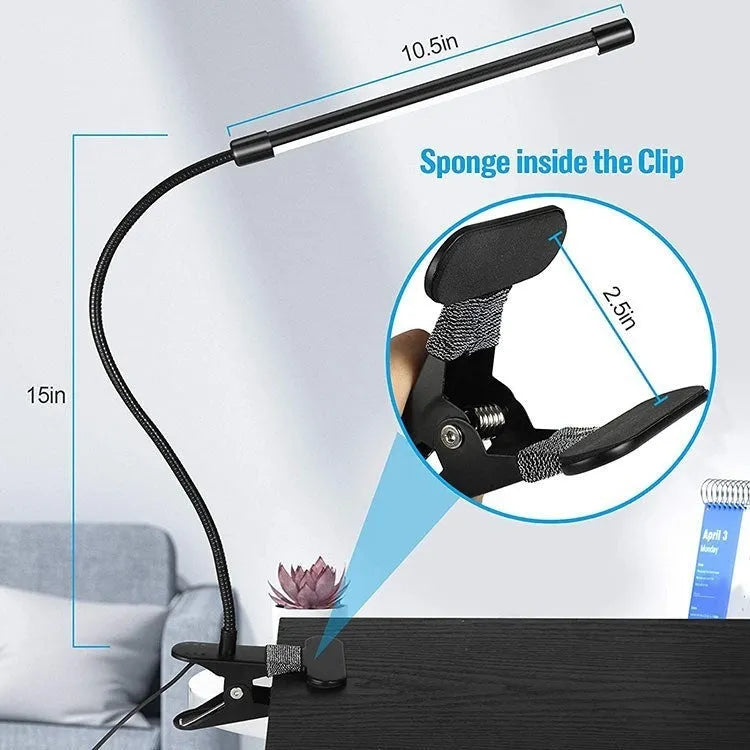 Black and white USB-powered LED desk lamp measuring 26cm length for student dormitory study