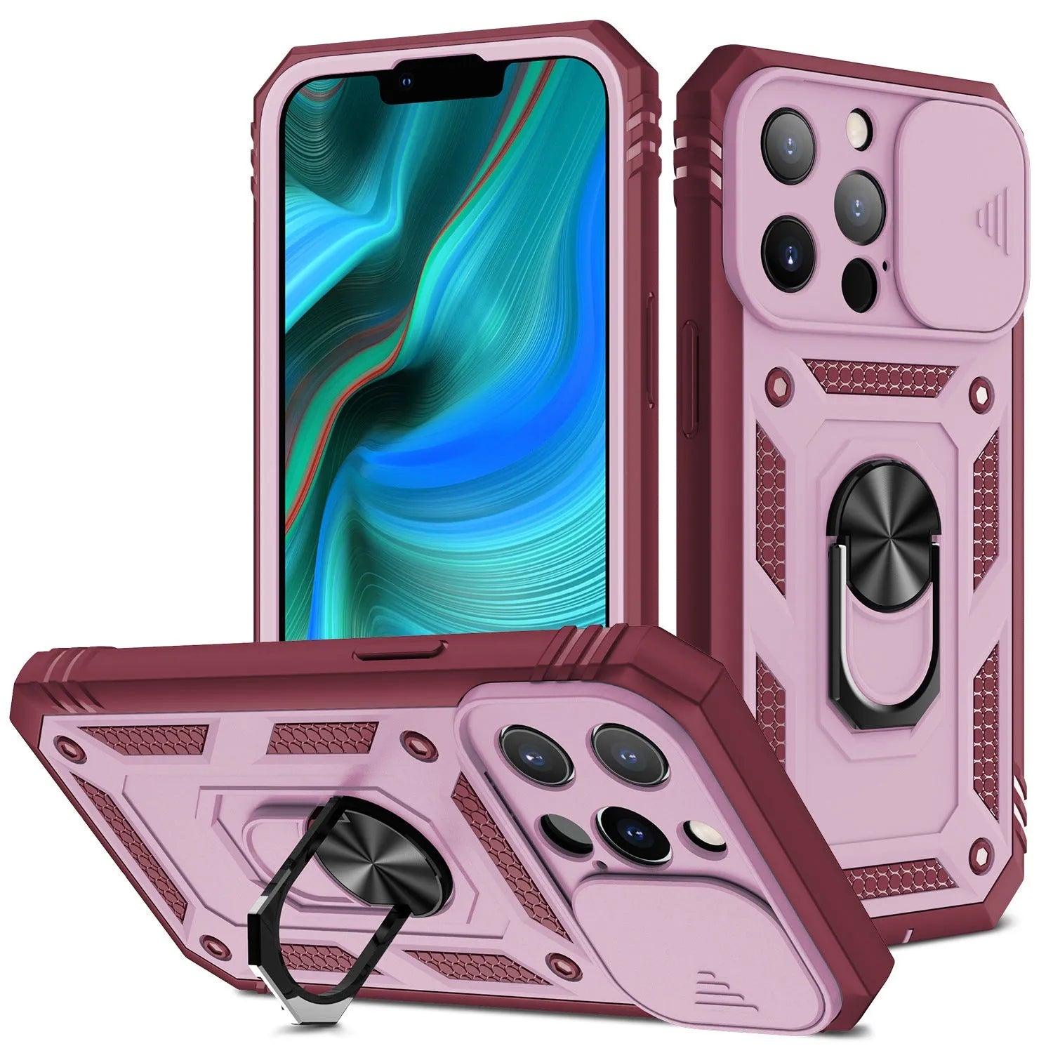 Magnetic mobile phone case with sliding window bracket in sapphire blue and grey green for Apple iPhone