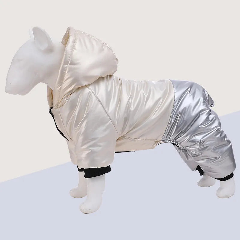 Green waterproof dog winter coat with four-legged design on medium-sized dog