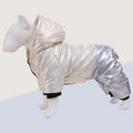 Green waterproof dog winter coat with four-legged design on medium-sized dog