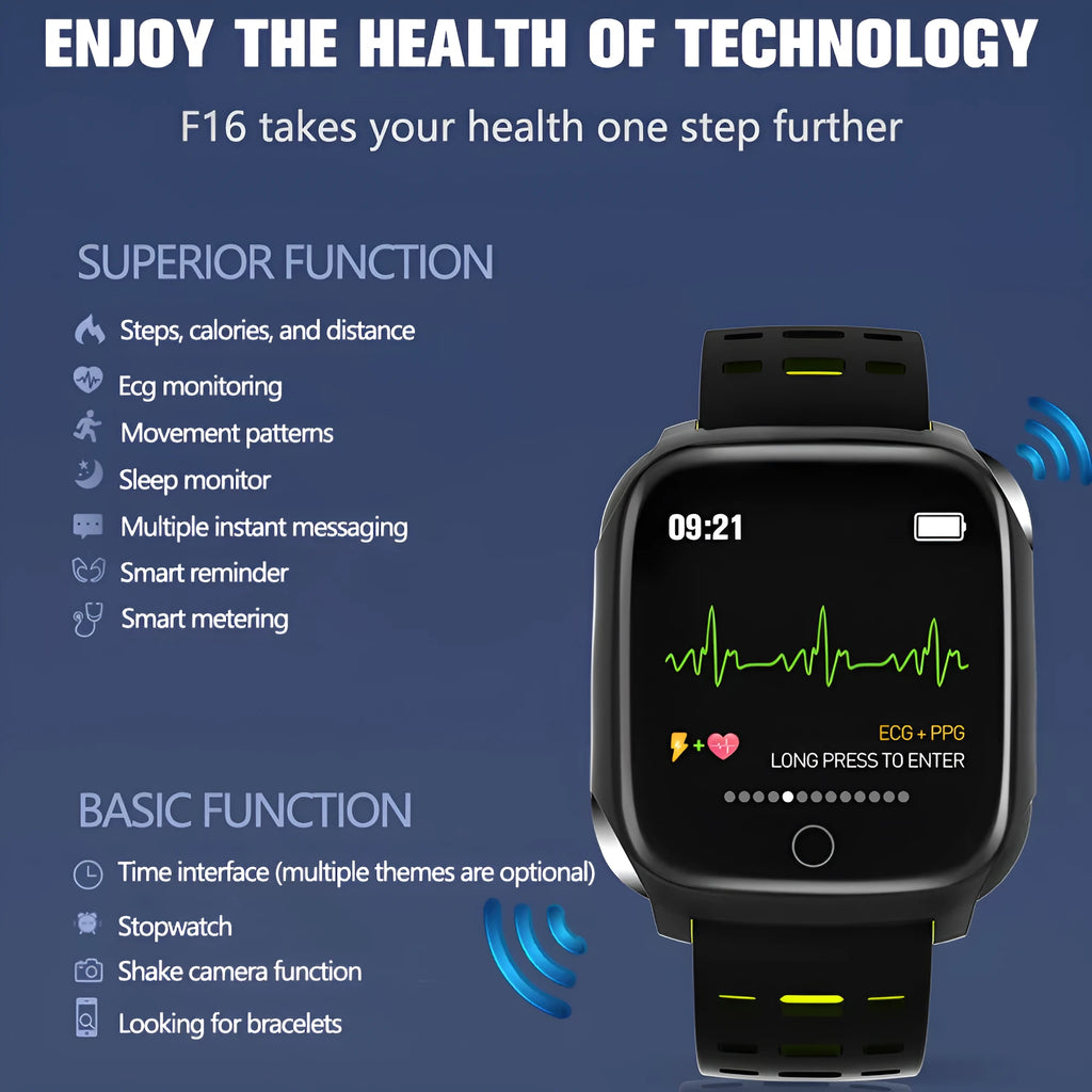 F16 Smart Watch with ECG and blood pressure monitoring on a black silicone wristband.