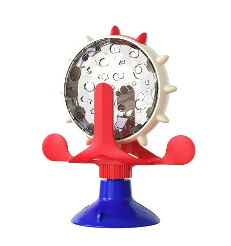 Pet cat toy money-making wheel slow food leaking device in blue with plastic pet food container