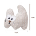 Cyan and light coffee coloured plush catnip toy with a bell, shown next to a measuring tape indicating 12cm length.