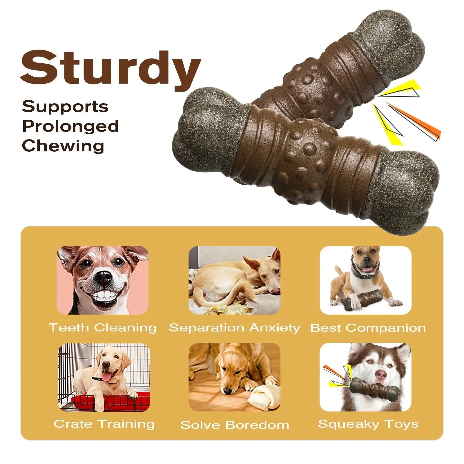 Wood colour plastic bone-shaped dog toy with textured dental cleaning surfaces for chew play and oral care