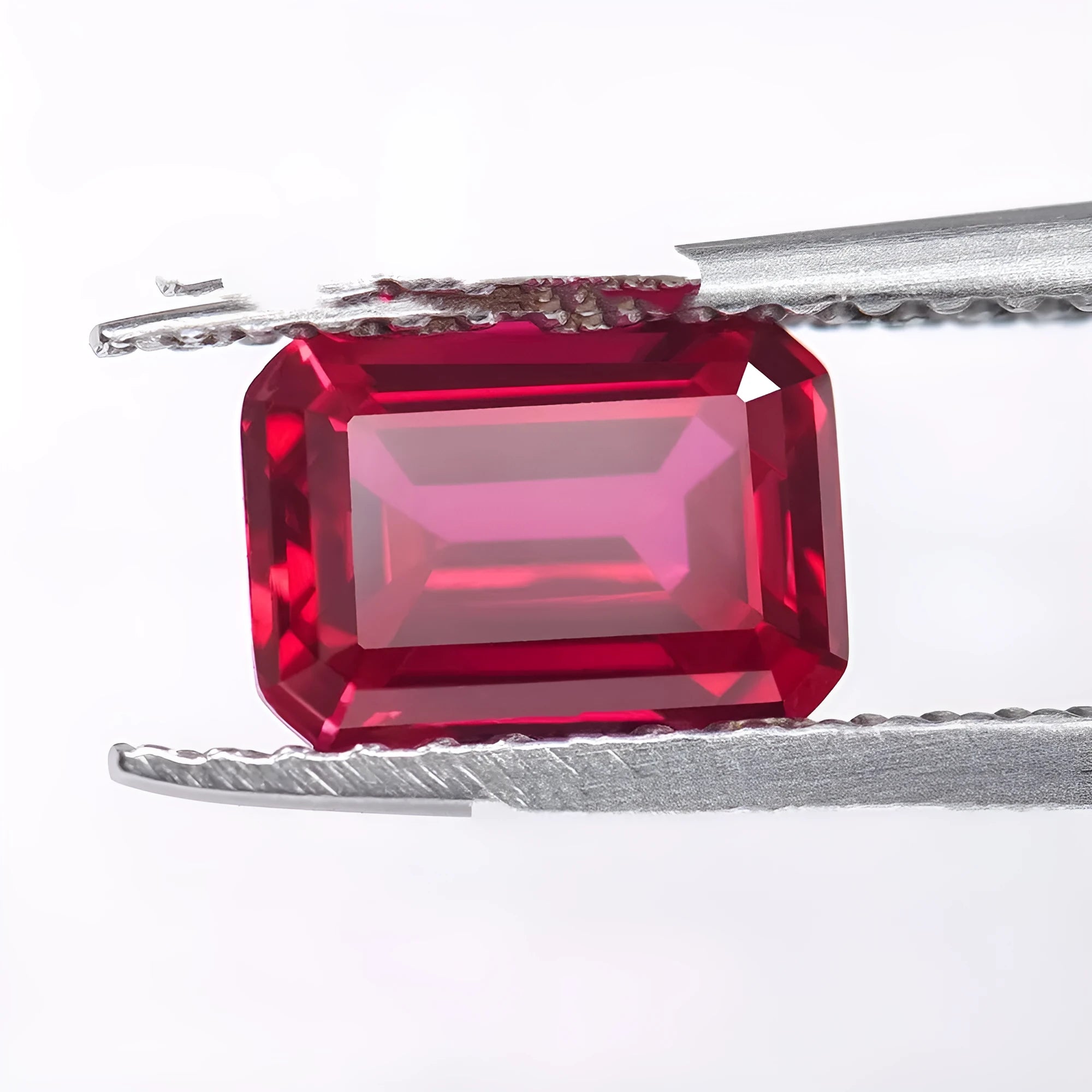 Cultivated pigeon blood red ruby gemstone in round cut on a white background.