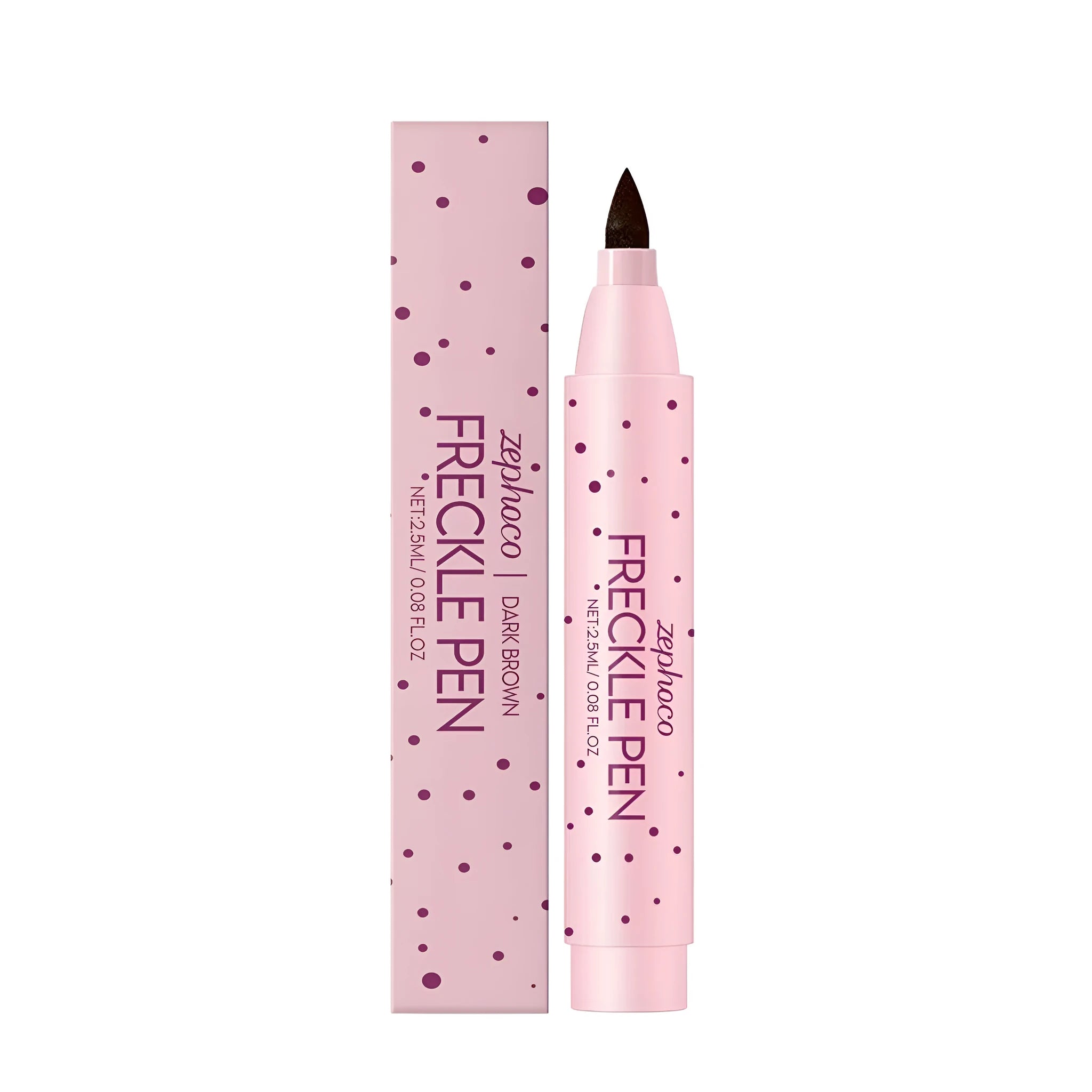 A freckle pen for applying waterproof artificial moles in dark brown or light brown.