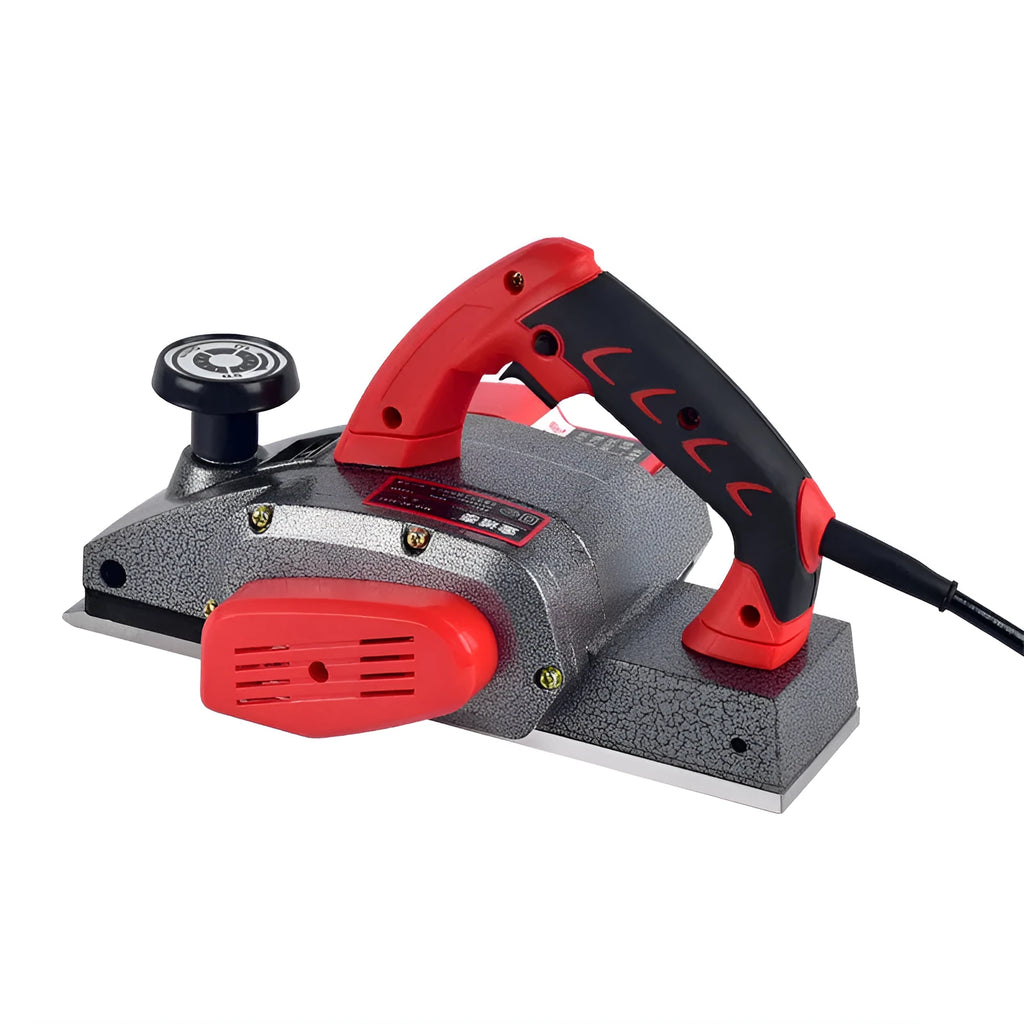 Red electric wood planer with aluminium housing showing 82mm planing width and power specifications