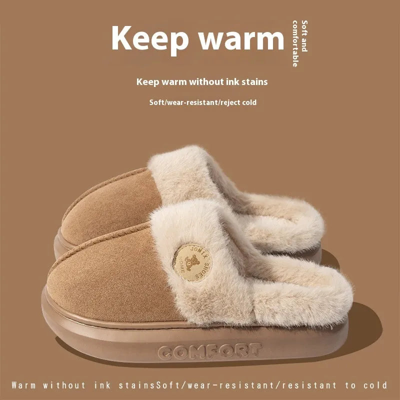 Plush fleece indoor slippers with thick PVC soles in various colours
