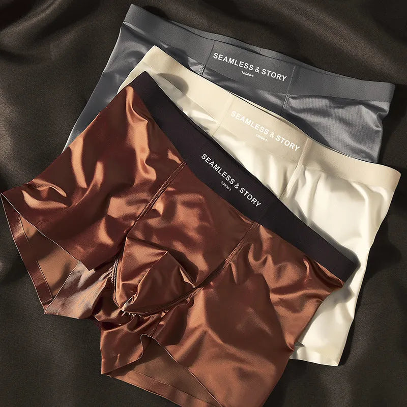 Men's ice silk underwear in satin finish showing mid-waist traceless design in coffee colour