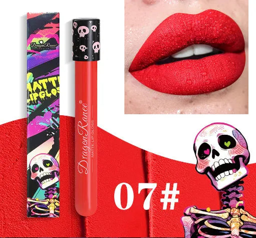 Halloween retro matte lip gloss in test tube skull packaging showing gold silver colours